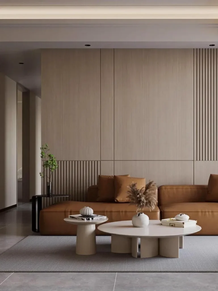 Sảnh tiếp khách ốp gỗ nan dọc, sofa da bò và cây xanh