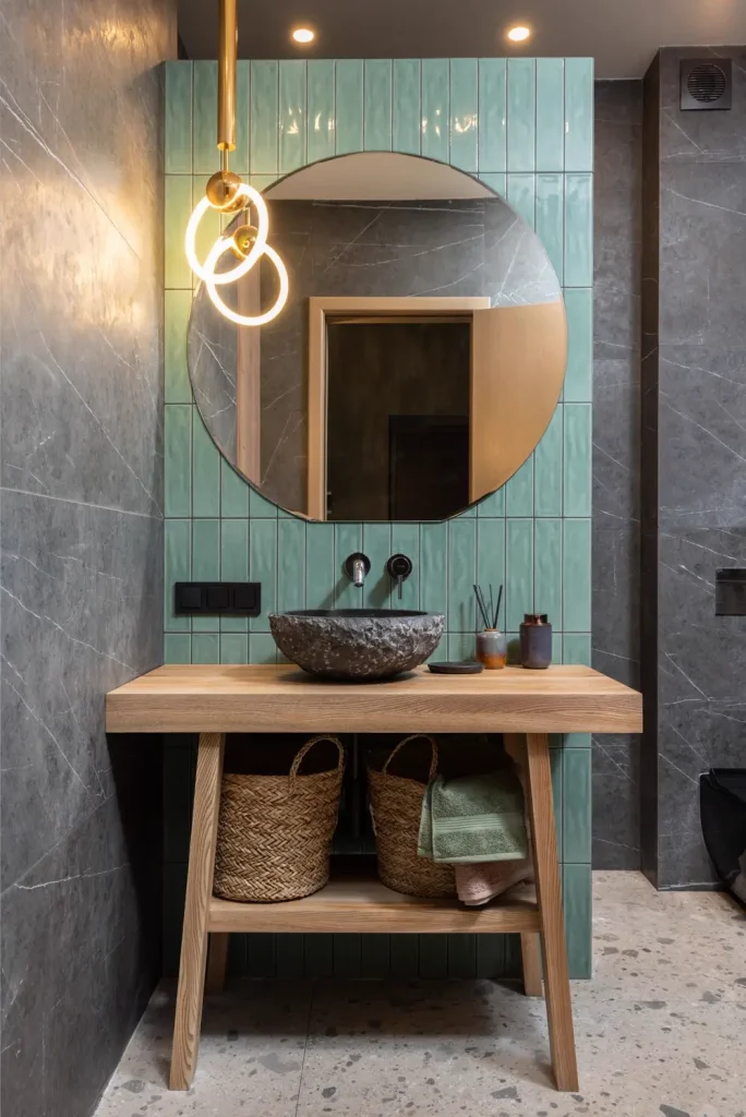 Bồn rửa đá và gương tròn