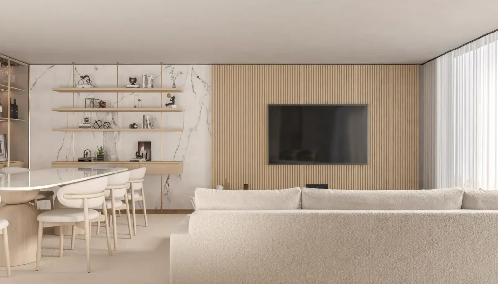 Căn hộ Thảo Điền: phòng khách tông be, kệ gỗ treo và sofa trắng