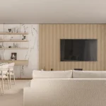 Căn hộ Thảo Điền: phòng khách tông be, kệ gỗ treo và sofa trắng