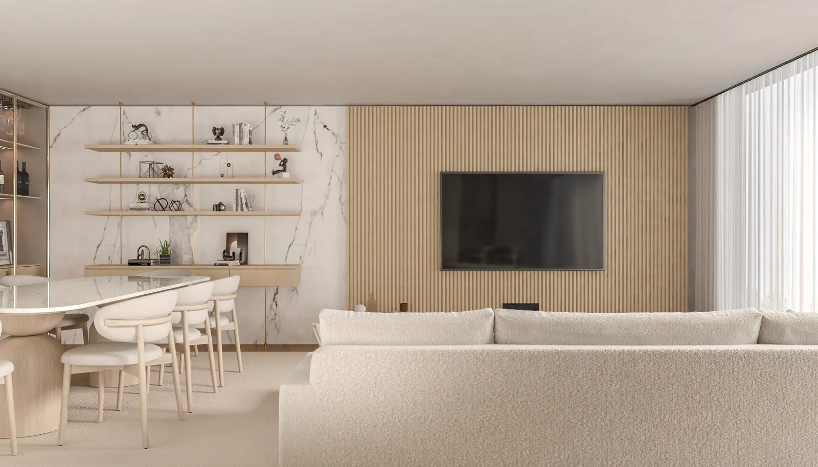 Căn hộ Thảo Điền: phòng khách tông be, kệ gỗ treo và sofa trắng