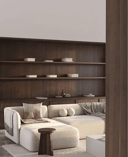 Phòng khách với kệ gỗ óc chó âm tường và sofa trắng