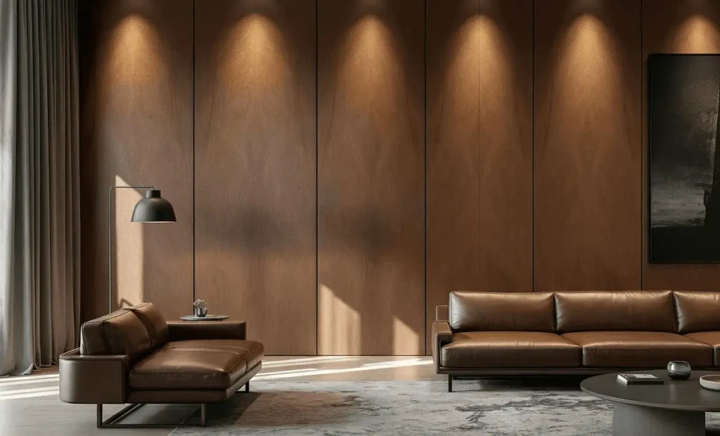 Penthouse Vân Gỗ: phòng khách vách gỗ vân dọc và sofa da