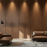 Penthouse Vân Gỗ: phòng khách vách gỗ vân dọc và sofa da