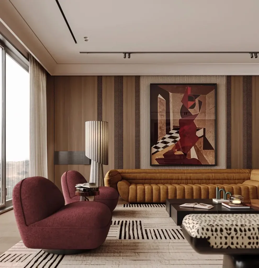 Phòng khách penthouse với ghế bành nhung