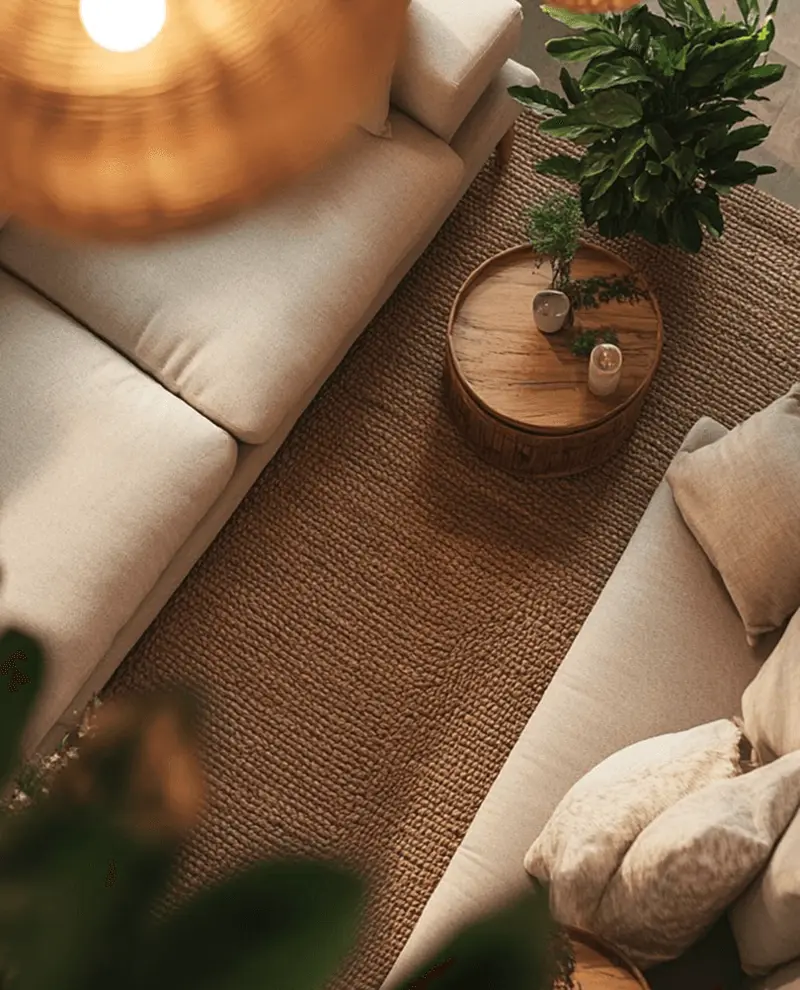 Góc phòng khách nhìn từ trên cao: sofa vải kem, thảm cói và bàn gỗ tròn