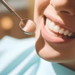 Khách mỉm cười khi bác sĩ soi gương nha khoa