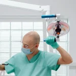 Bác sĩ chỉnh đèn chuẩn bị khám răng định kỳ