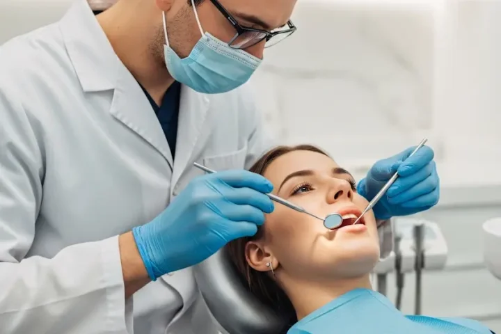 Bác sĩ kiểm tra răng cho khách trên ghế nha