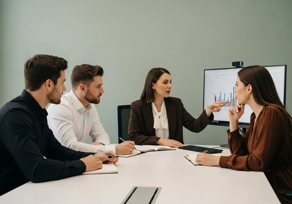 Cuộc họp tư vấn pháp lý cho doanh nghiệp bên màn hình số liệu