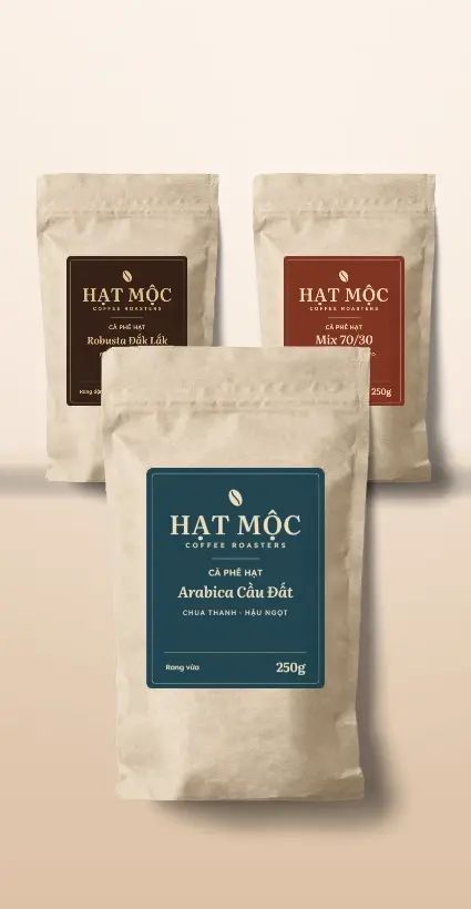 Ba túi cà phê hạt Hạt Mộc: Arabica, Robusta và Mix
