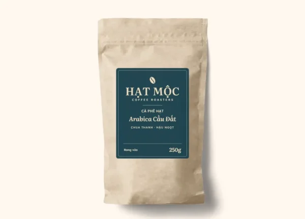Túi giấy kraft cà phê hạt Arabica Cầu Đất, nhãn xanh ngọc