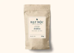 Túi giấy kraft cà phê bột Arabica, nhãn kem chữ xanh ngọc
