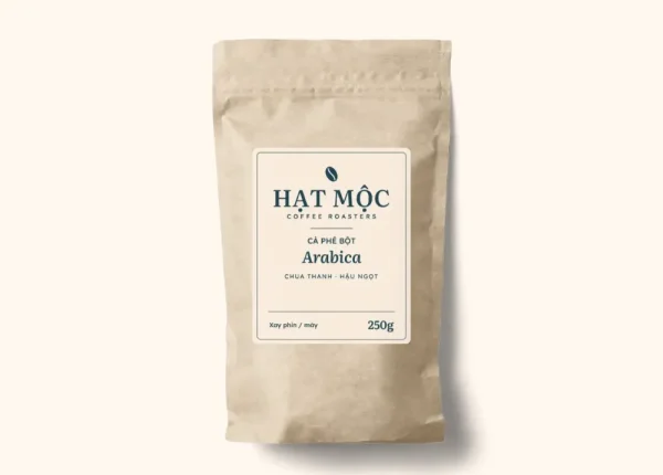 Túi giấy kraft cà phê bột Arabica, nhãn kem chữ xanh ngọc