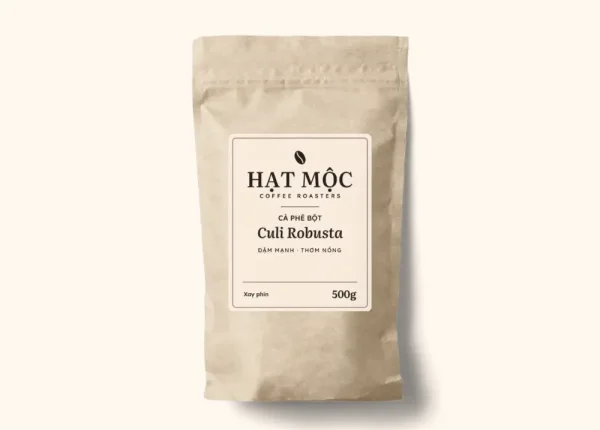 Túi giấy kraft cà phê bột Culi Robusta, nhãn kem chữ đen