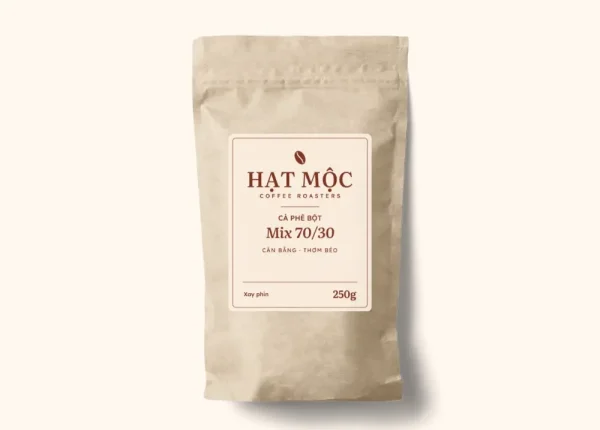 Túi giấy kraft cà phê bột Mix Robusta – Arabica, nhãn kem chữ đỏ đồng