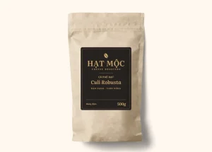 Túi giấy kraft cà phê hạt Culi Robusta, nhãn đen than