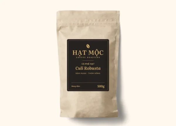 Túi giấy kraft cà phê hạt Culi Robusta, nhãn đen than