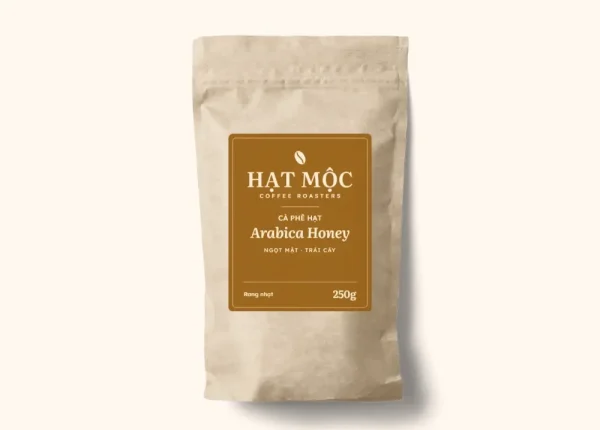 Túi giấy kraft cà phê hạt Arabica Honey, nhãn vàng mật