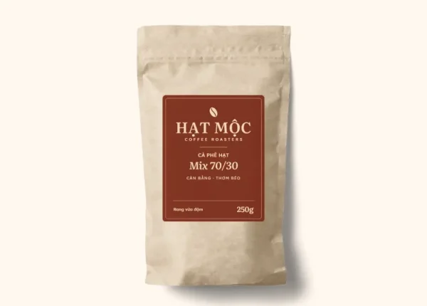 Túi giấy kraft cà phê hạt Mix Robusta – Arabica, nhãn đỏ đồng