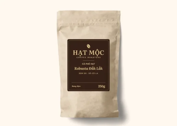 Túi giấy kraft cà phê hạt Robusta Đắk Lắk, nhãn nâu sẫm