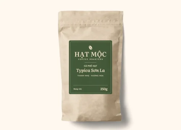 Túi giấy kraft cà phê hạt Arabica Typica Sơn La, nhãn xanh rêu