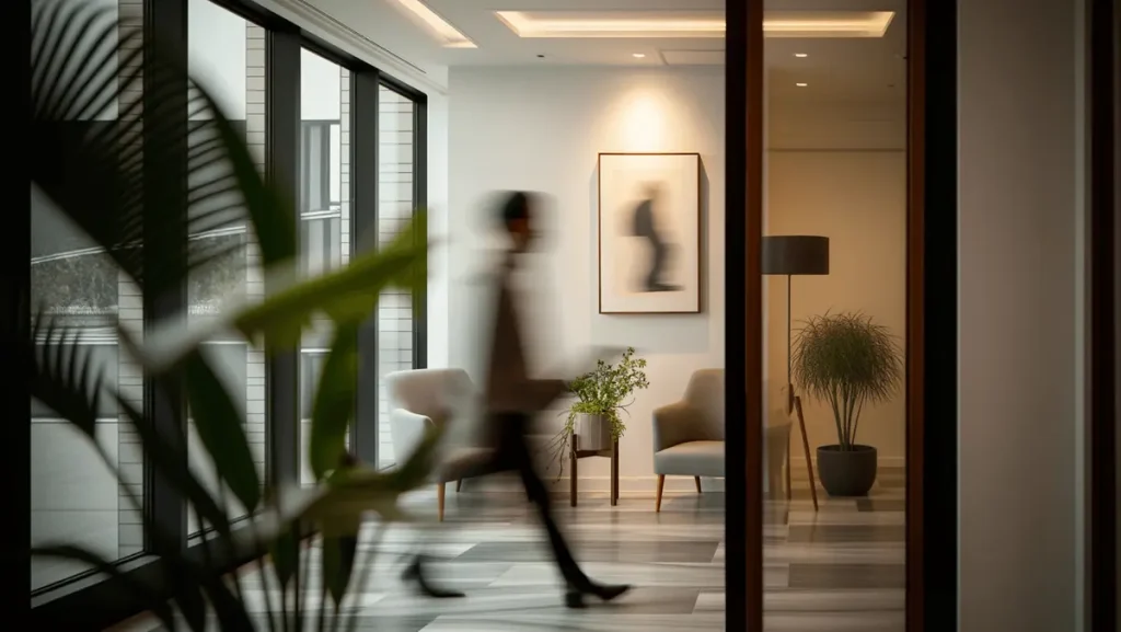 Sảnh văn phòng ấm áp với ghế bành, cây xanh và người đi qua mờ nhoè