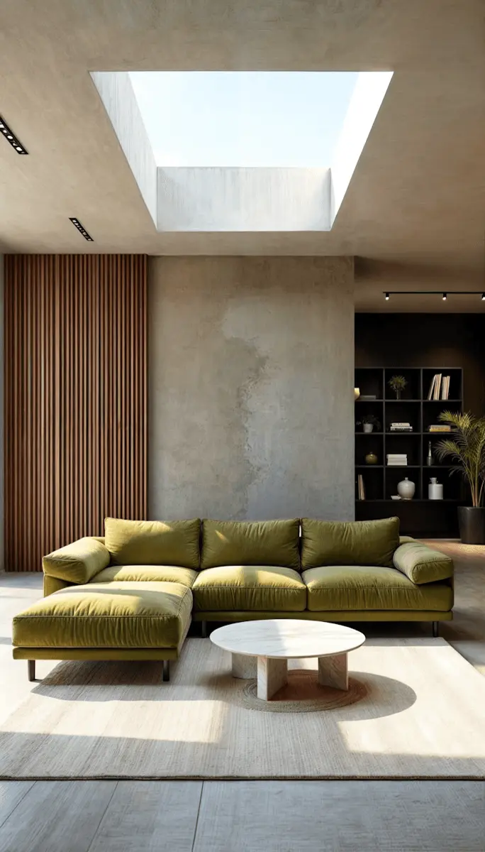 Phòng khách dưới giếng trời, sofa vải màu rêu và kệ sách âm tường