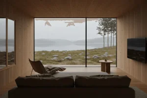 Phòng khách ốp gỗ nhìn qua cửa kính lớn ra hồ và đồng cỏ