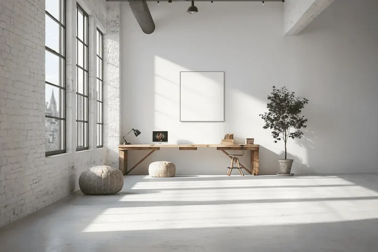 Studio trắng trần cao, cửa sổ kiểu xưởng và bàn làm việc gỗ mộc