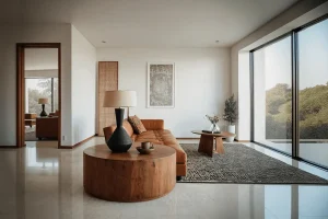 Phòng khách sáng với bàn tròn gỗ, sofa màu đất và cửa kính nhìn ra cây xanh