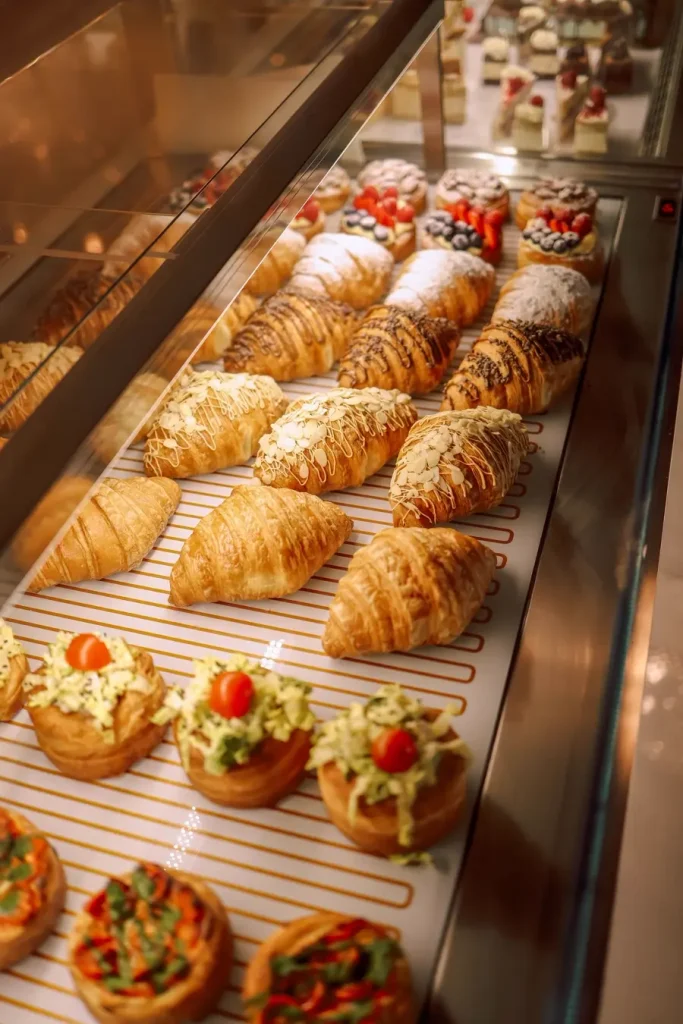 Tủ kính bày croissant và bánh tart vừa ra lò