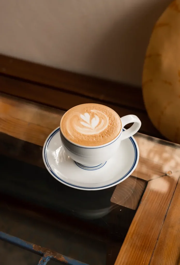 Tách cappuccino vẽ hình lá trên đĩa sứ