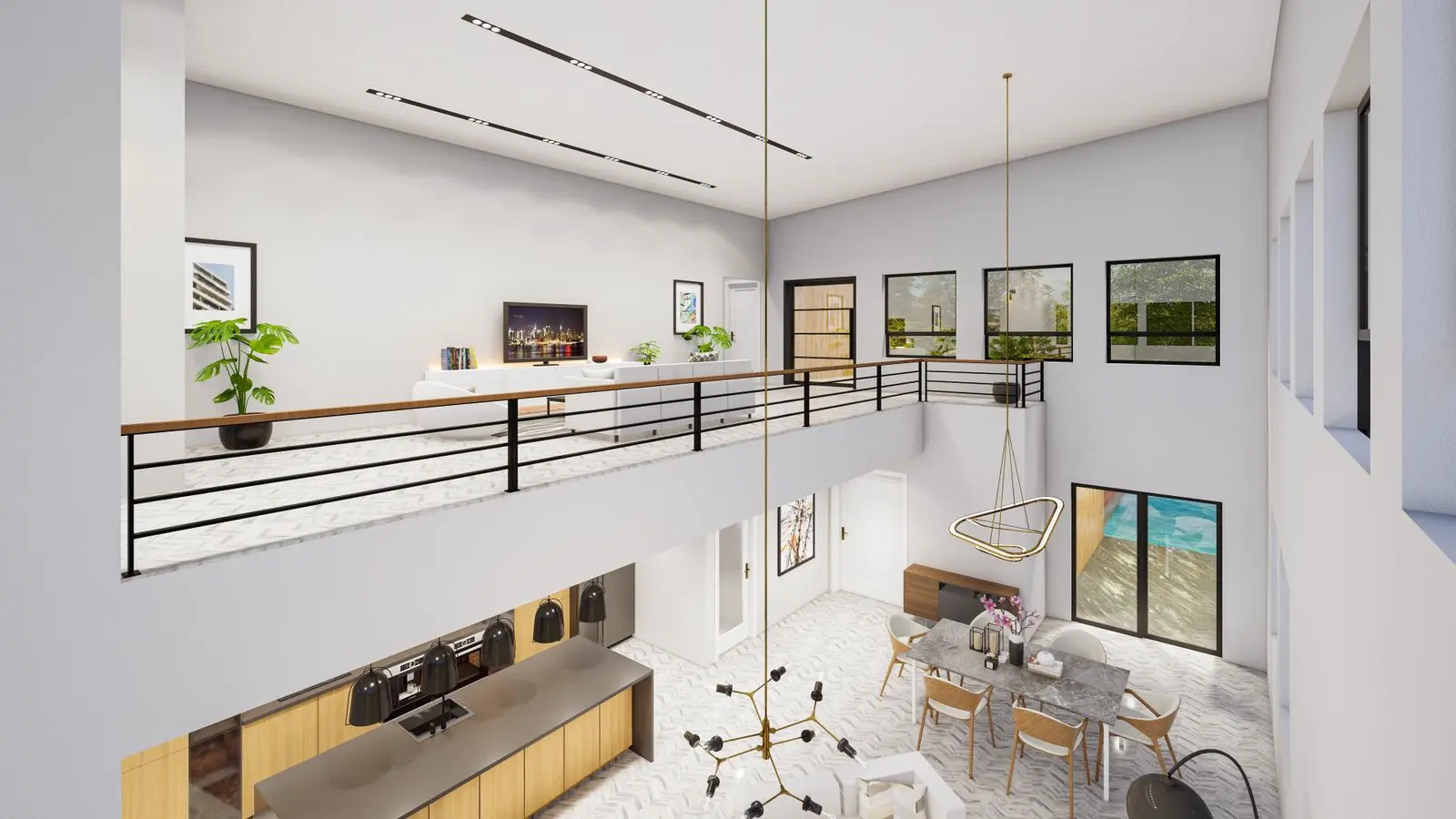 Văn phòng studio có tầng lửng và bàn làm việc chung