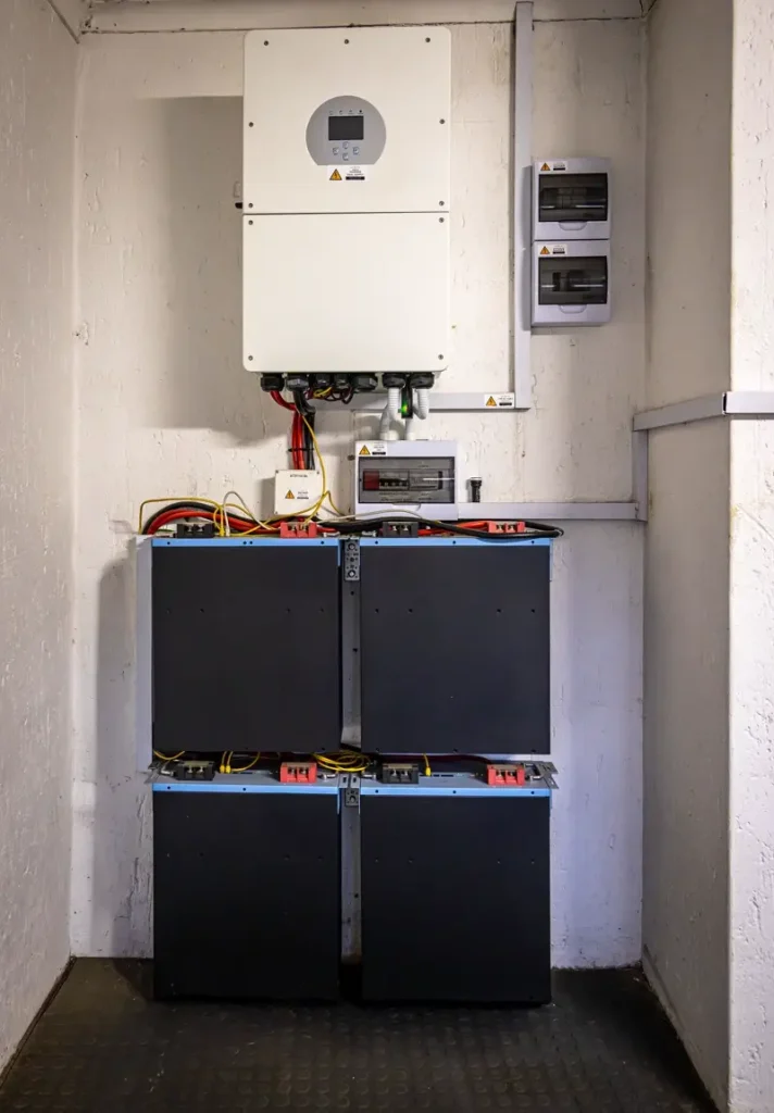Inverter hybrid treo tường và bốn khối pin lưu trữ trong phòng kỹ thuật