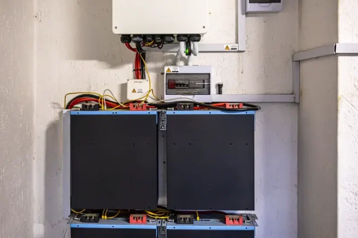 Inverter hybrid treo tường và bốn khối pin lưu trữ trong phòng kỹ thuật