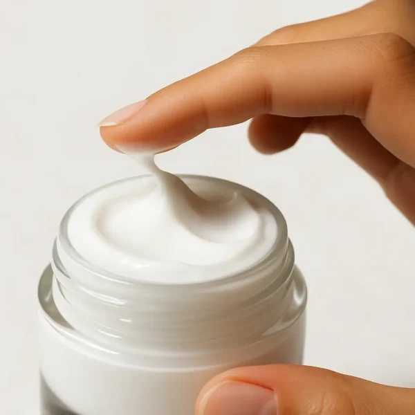 Ngón tay lấy một ít kem từ hũ trắng