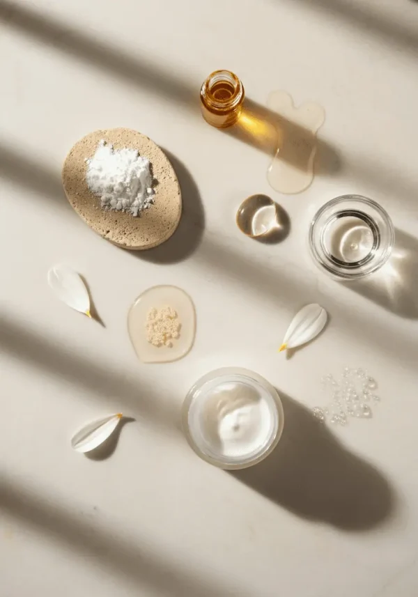 Năm thành phần dạng bột, dầu và gel bày trên nền kem
