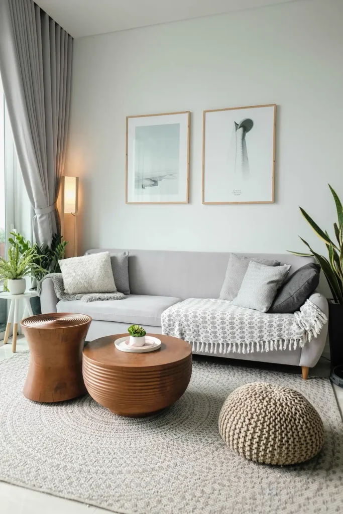 Phòng khách căn hộ sáng màu với sofa xám và bàn gỗ tròn