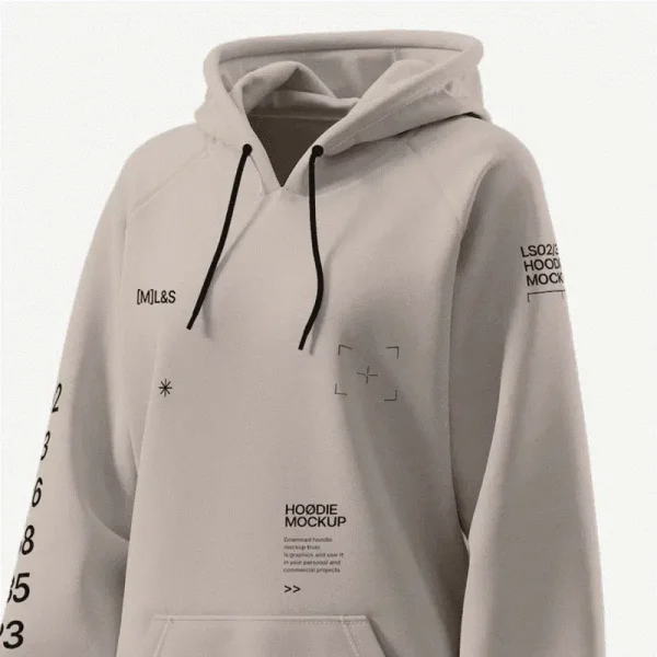 Áo hoodie màu be cát — cận phần cổ và ngực áo