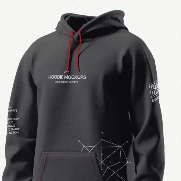 Áo hoodie màu than chì có dây rút đỏ — cận phần cổ và ngực áo