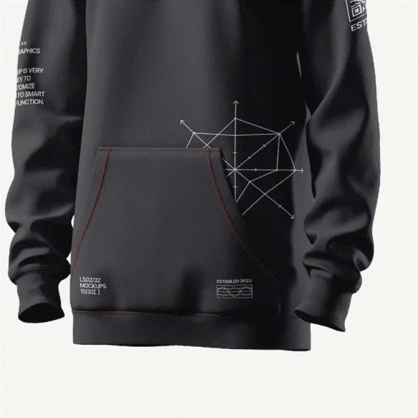 Áo hoodie màu than chì có dây rút đỏ — cận phần gấu và cổ tay