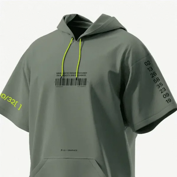 Áo hoodie tay ngắn màu xanh rêu — cận phần cổ và ngực áo