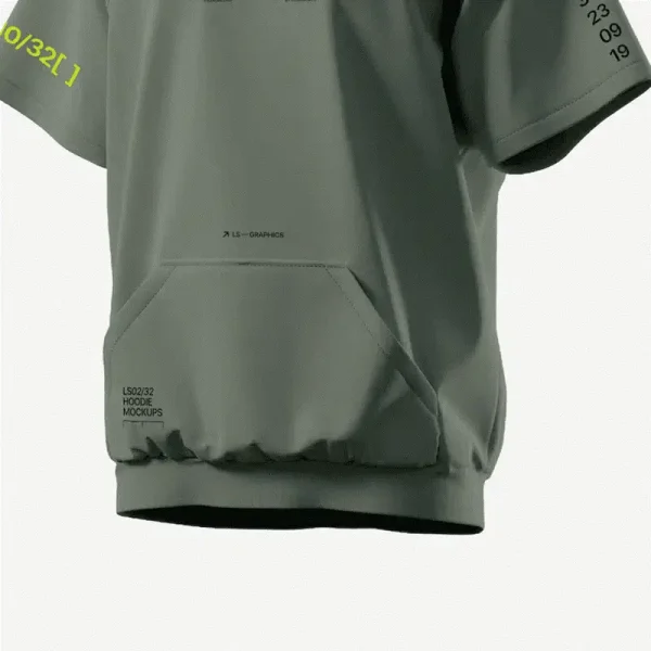 Áo hoodie tay ngắn màu xanh rêu — cận phần gấu và cổ tay
