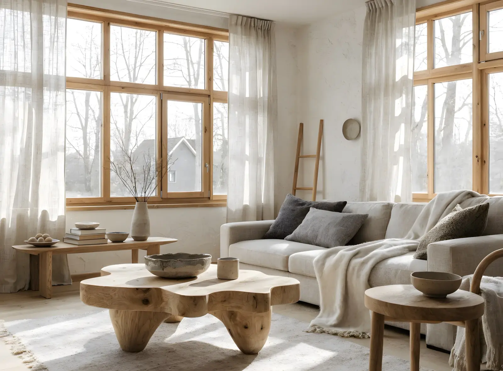 Phòng khách cửa sổ gỗ lớn, sofa trắng và bàn gỗ lũa