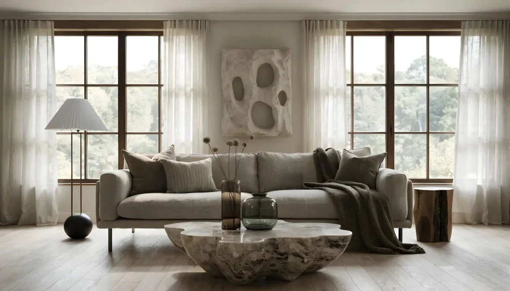 Phòng khách cửa sổ khung gỗ, sofa thấp và bàn đá