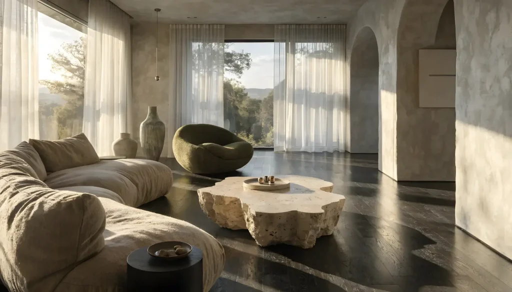 Phòng khách tông tối với sofa vải thô và bàn đá mài