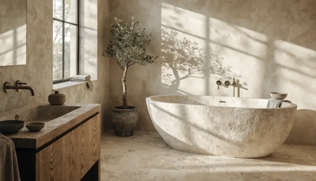 Phòng tắm bồn đá nguyên khối, cây ô liu và tủ lavabo gỗ