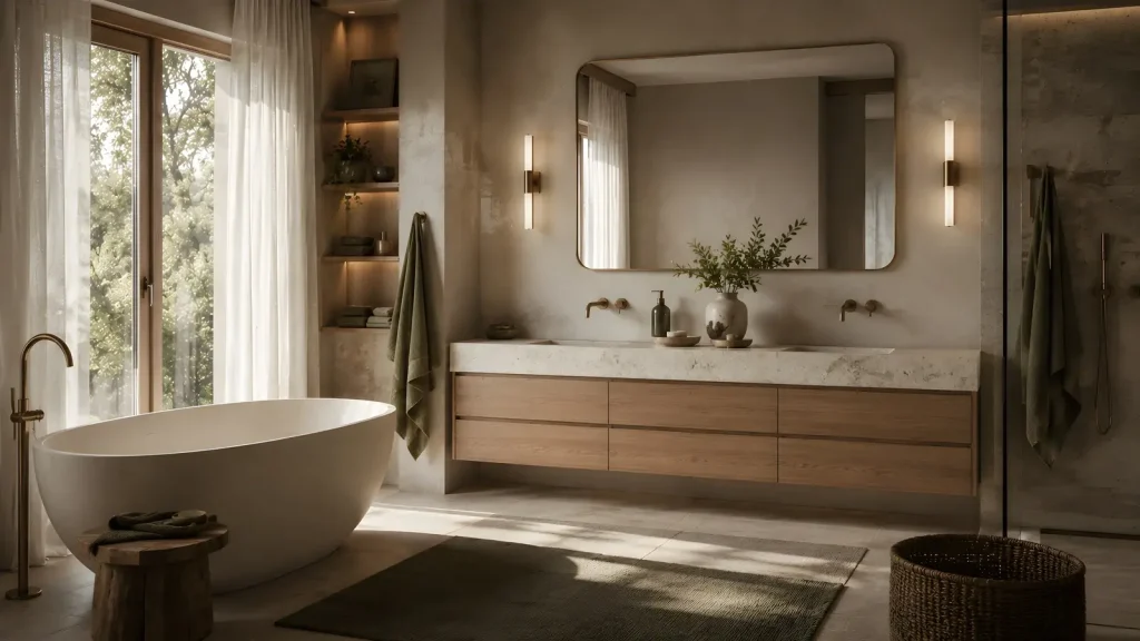 Phòng tắm gương bo góc, tủ lavabo gỗ và bồn tắm trắng