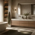 Phòng tắm gương bo góc, tủ lavabo gỗ và bồn tắm trắng